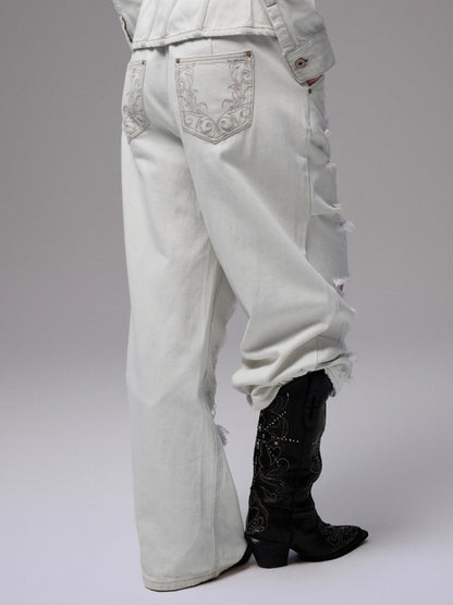 Distressed White Ripped Wide-leg Pants