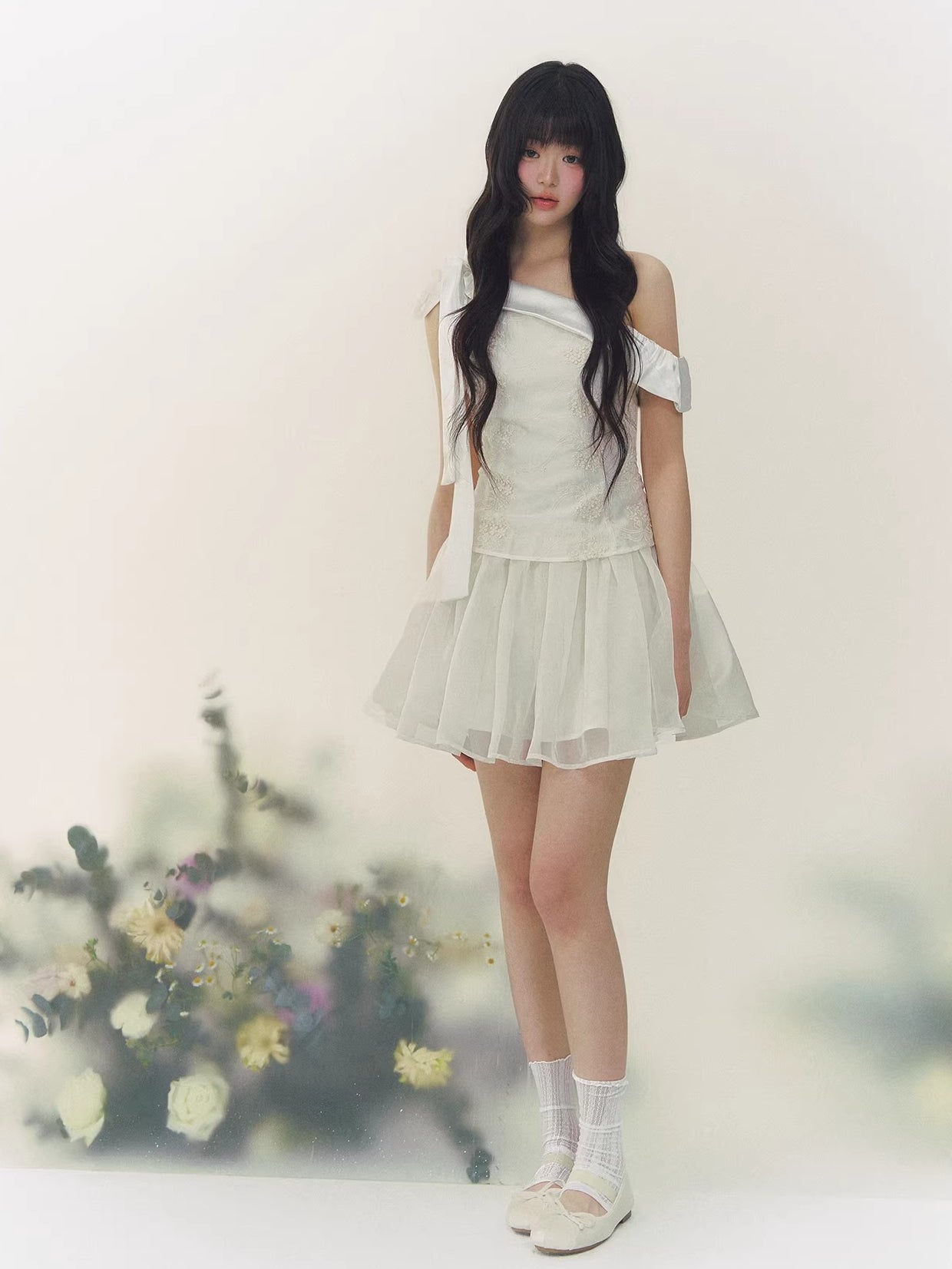 White Satin Embroidery Tulle Dress