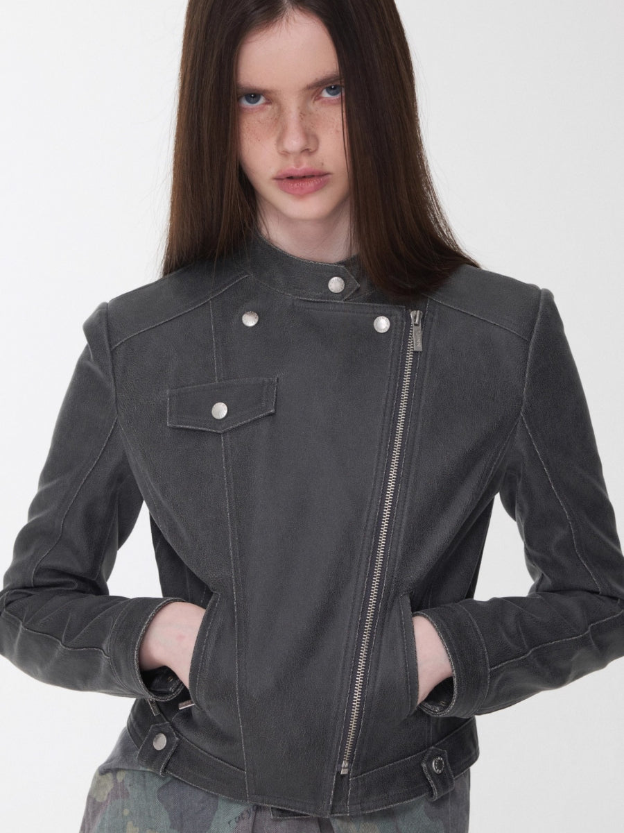 Vintage Washed Cracked Leather Fitted Moto Jacket