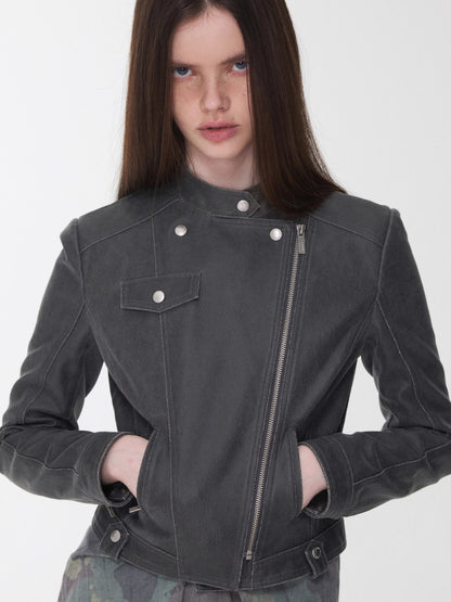 Vintage Washed Cracked Leather Fitted Moto Jacket