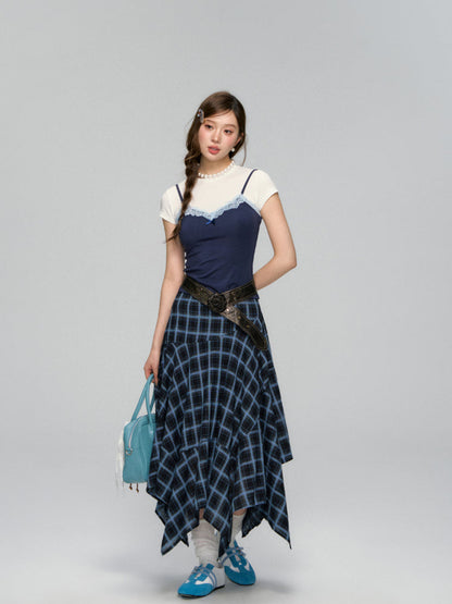 Fake Two Piece Lace Bow Short-Sleeve T-shirt