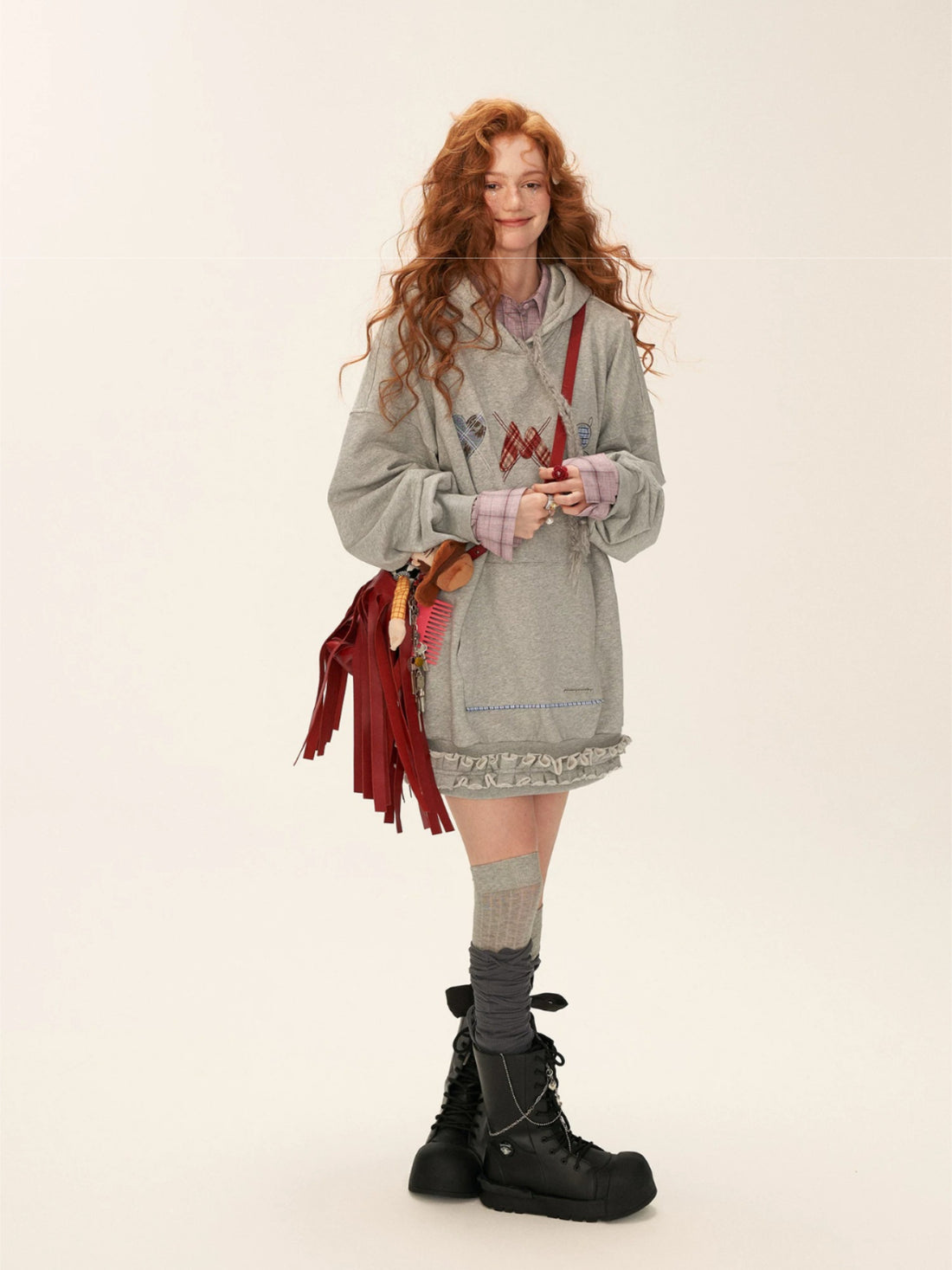 Plaid Embroidered Hooded Sweatshirt Dress