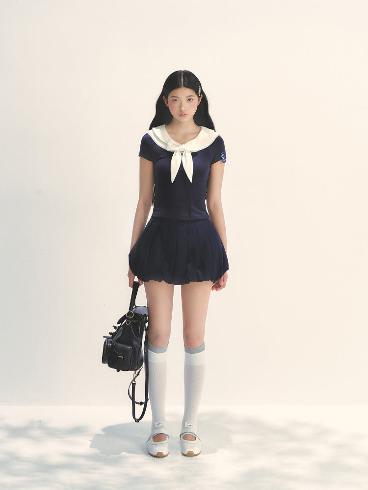 Bow-neck Contrast-color Skin Friendly Cotton T-shirt