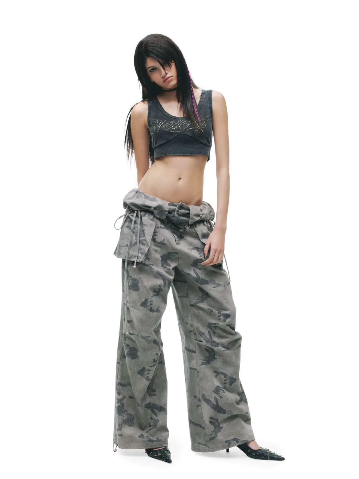 Washed Camouflage Double Waist Jeans