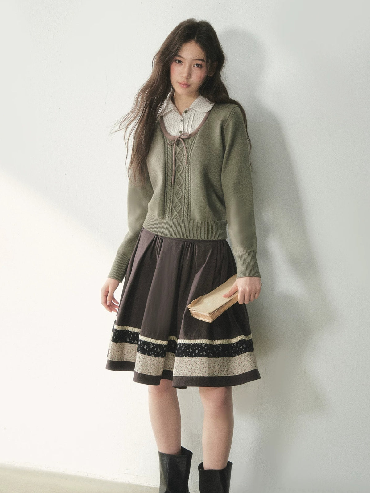 Floral Collar Bow Cable Knit Sweater