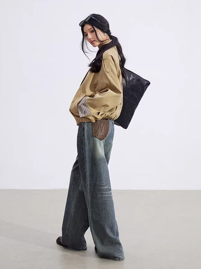 Khaki Plaid Panel Double-Breasted Jacket