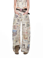 Cat Newspaper Print Canvas Pants