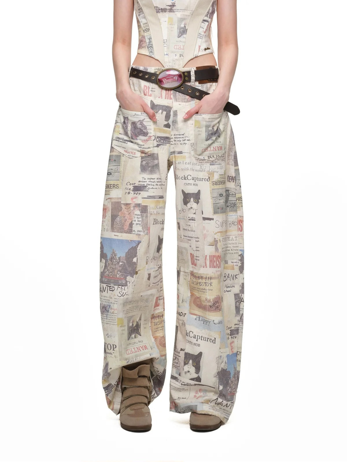 Cat Newspaper Print Canvas Pants