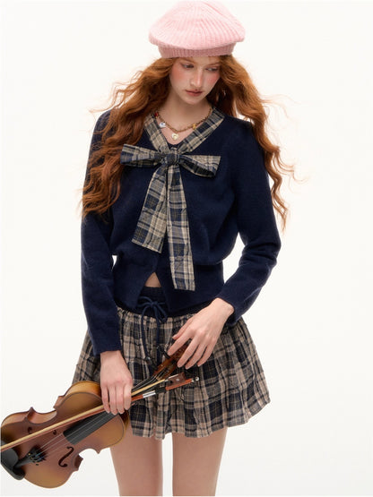 Plaid Bow-Tie Round Neck Knitted Cardigan