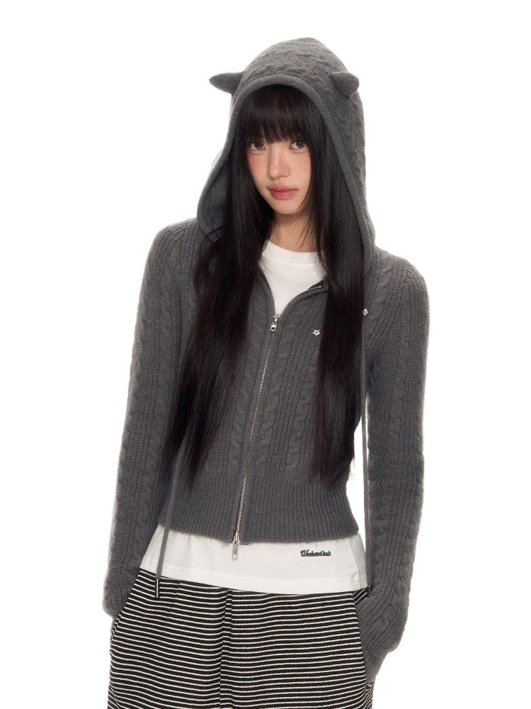 Grey Cat-Ear Knit Hoodie