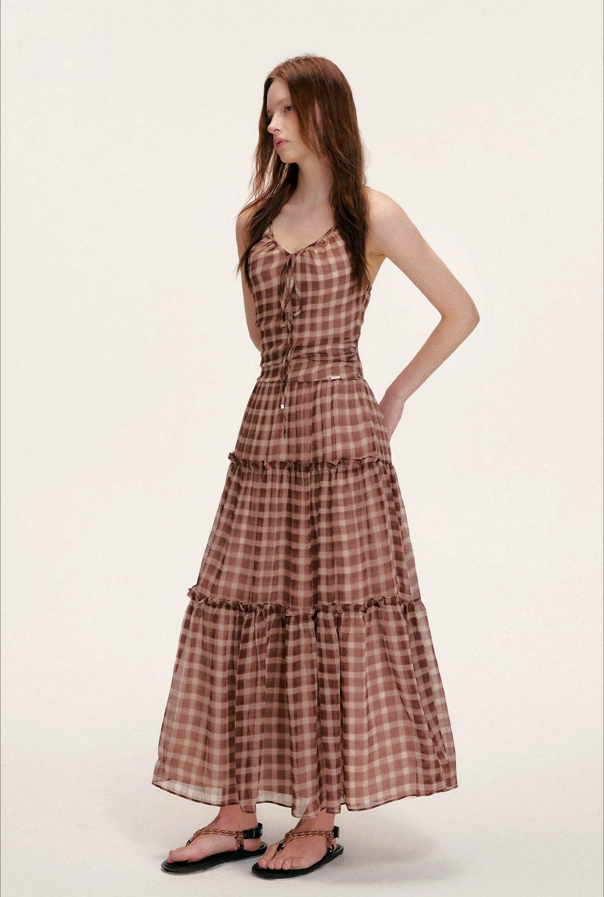 Vintage Brown Plaid Halter Maxi Dress