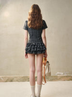Gray Plaid Doll Collar Lace Waist Shirt & Cami Set
