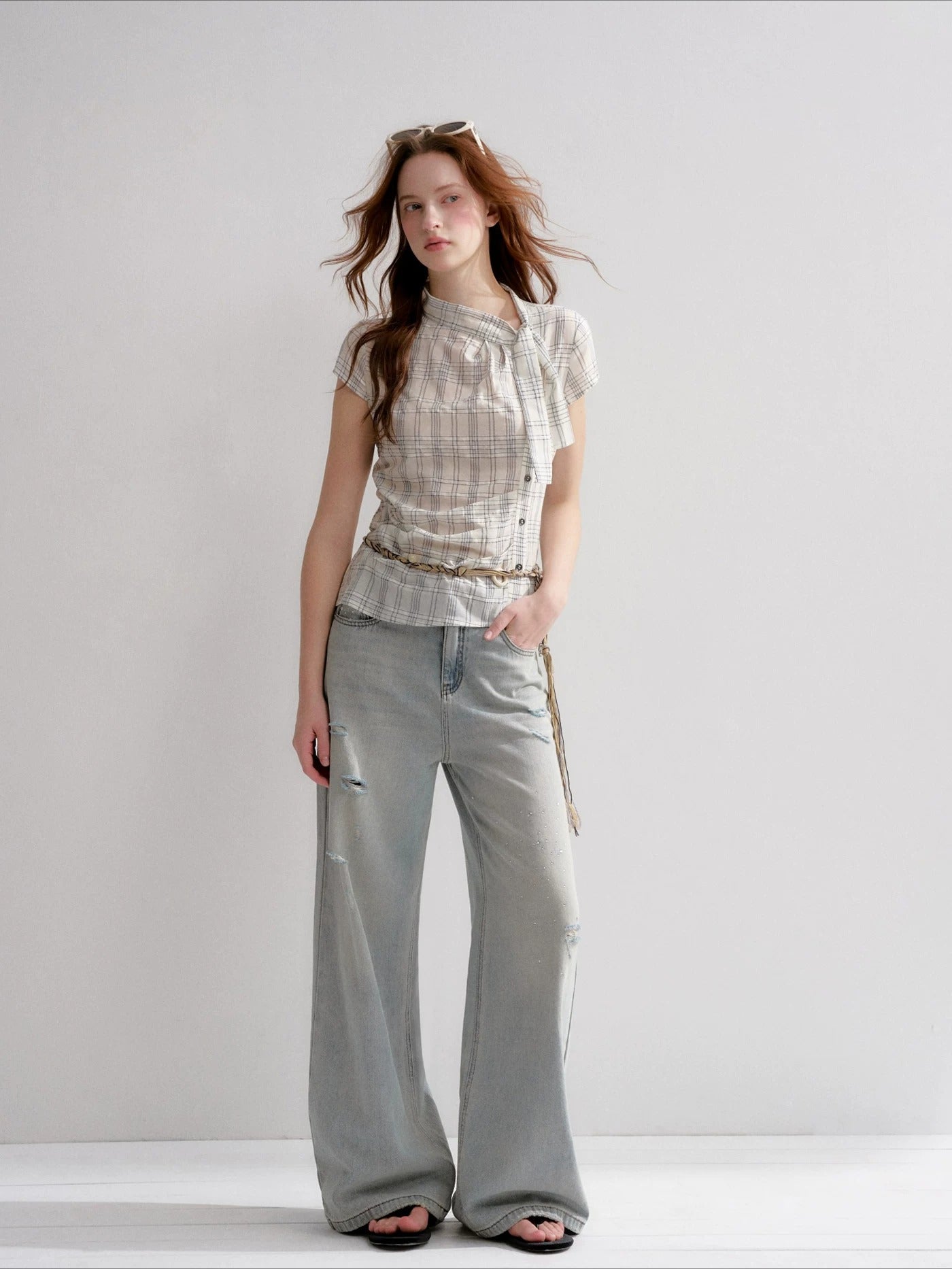Ruched Plaid Blouse