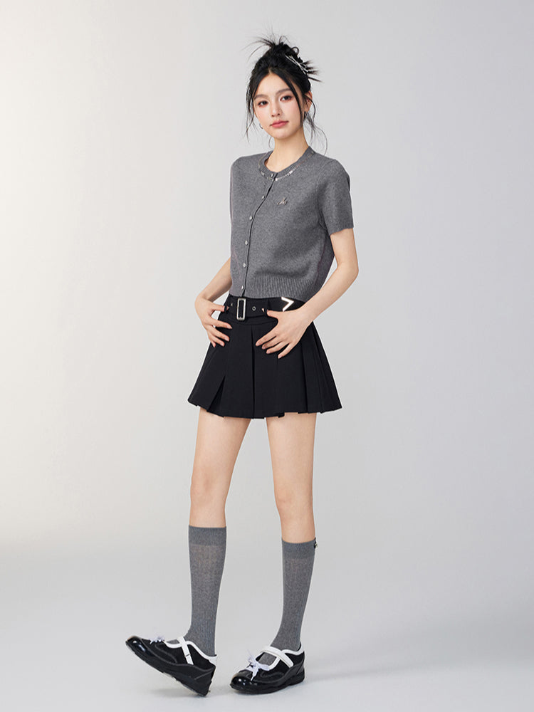 Rhinestone Button Knitted Short-Sleeve Cardigan