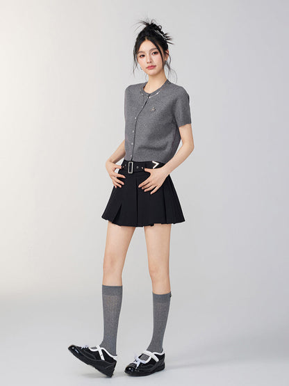 Rhinestone Button Knitted Short-Sleeve Cardigan