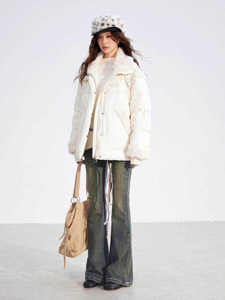 Shearling Patchwork White Down Puffer Jacket