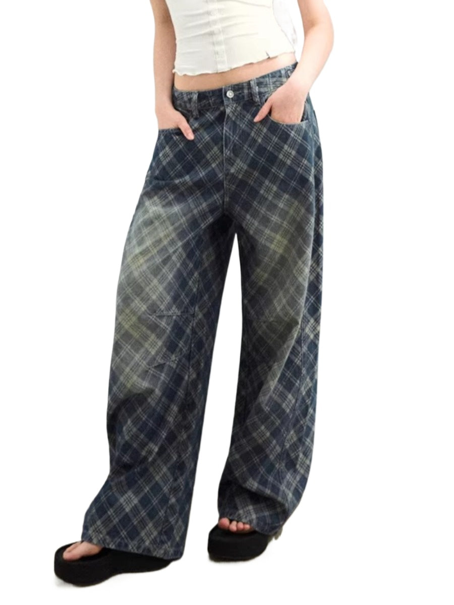 Plaid Wash Denim Pants