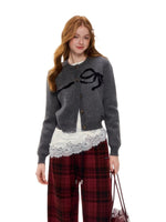 Bow Jacquard Crewneck Knit Cardigan
