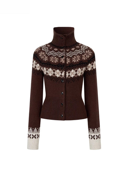 Fair Isle Heavy-Duty Knit Turtleneck Cardigan
