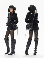 Black Double-Breasted Stand Collar Biker Jacket