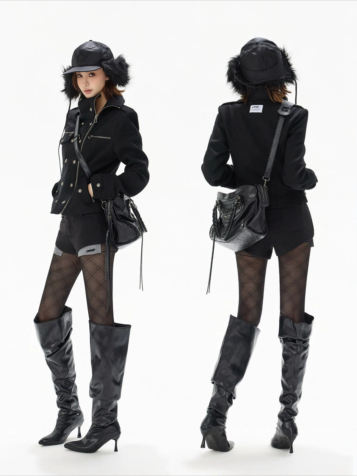 Black Double-Breasted Stand Collar Biker Jacket