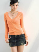 Shimmer Yarn Distressed V-Neck Knit Top