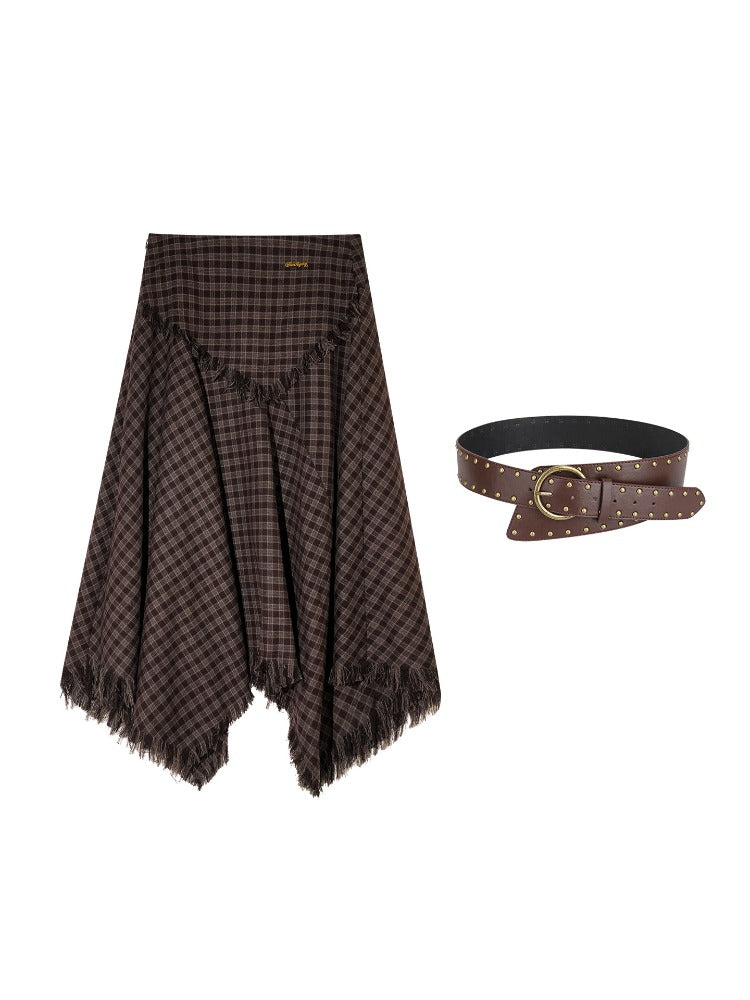 Frayed Hem Plaid Studded Belt Asymmetric A-Line Midi Skirt