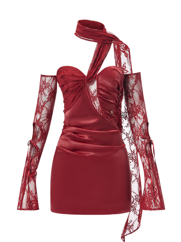 Satin and Lace Ruffle Sleeve Mini Dress