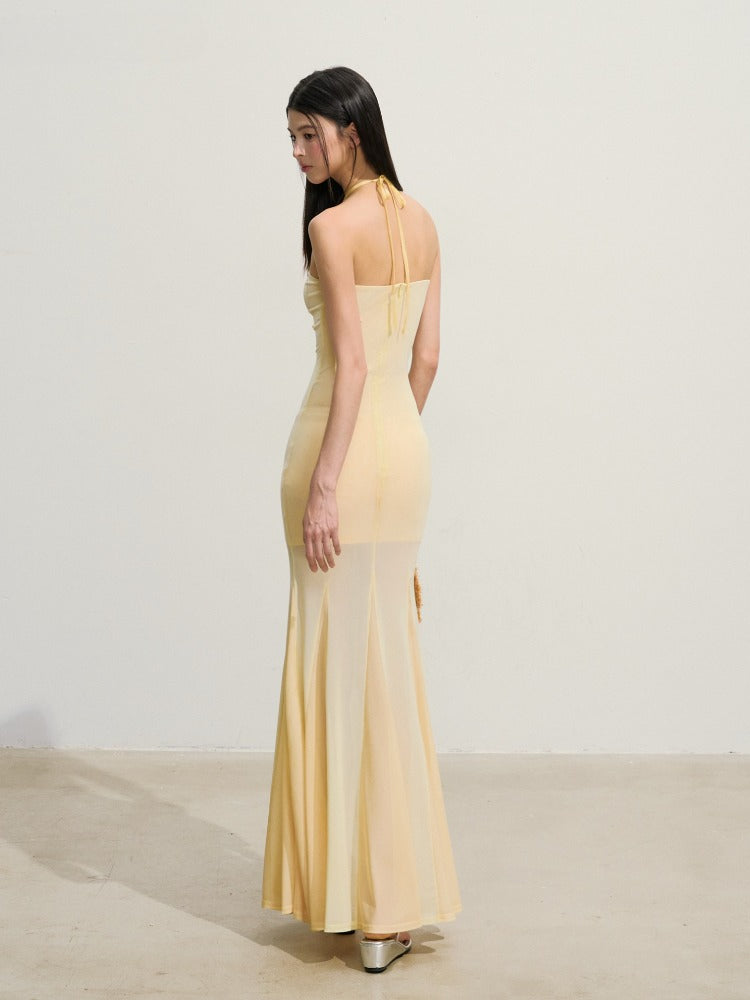 Yellow Floral Halter Waist Dress