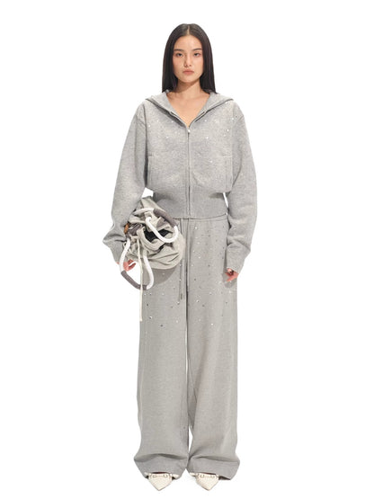 Gradient Rhinestone Cotton Knit Wide-Leg Pants