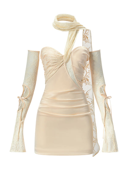 Satin and Lace Ruffle Sleeve Mini Dress