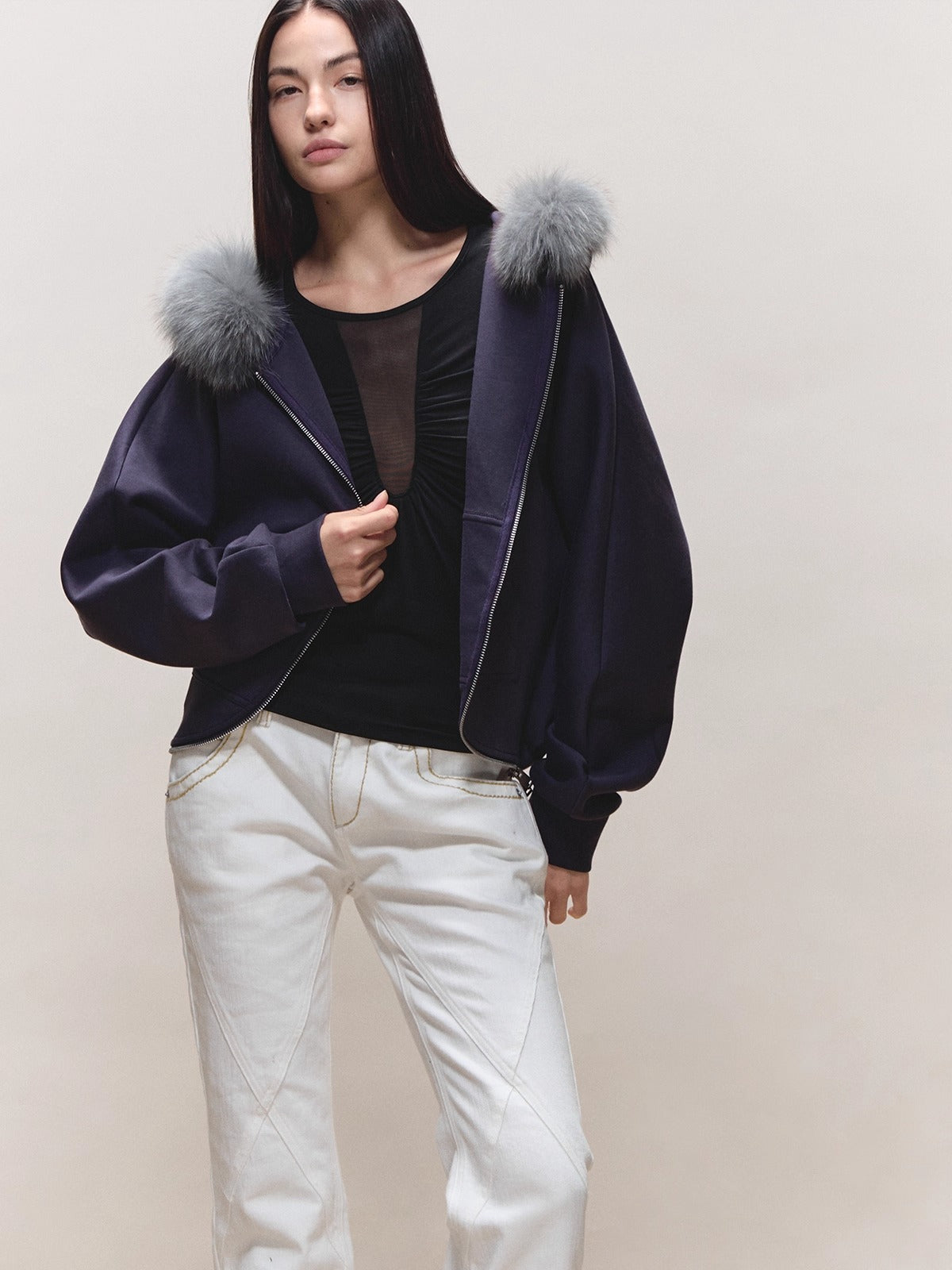 Batwing Hooded Fur-Collar Jacket