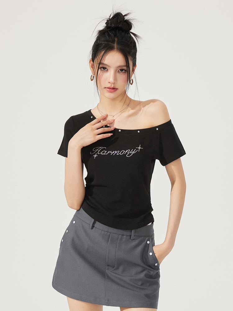 High-Elasticity Star-Studded Diagonal Shoulder T-Shirt