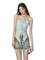Black & Blue Irregular Drawstring Slimming Tank Top