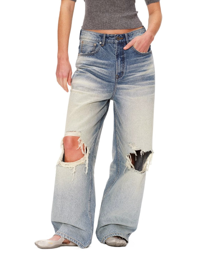 Washed Distressed Wide Jeans