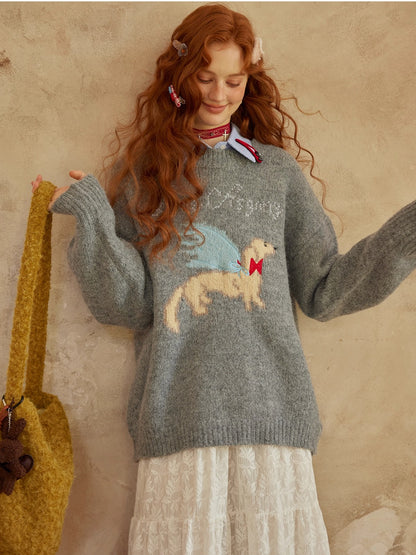 Animal Jacquard Embroidered Knit Sweater