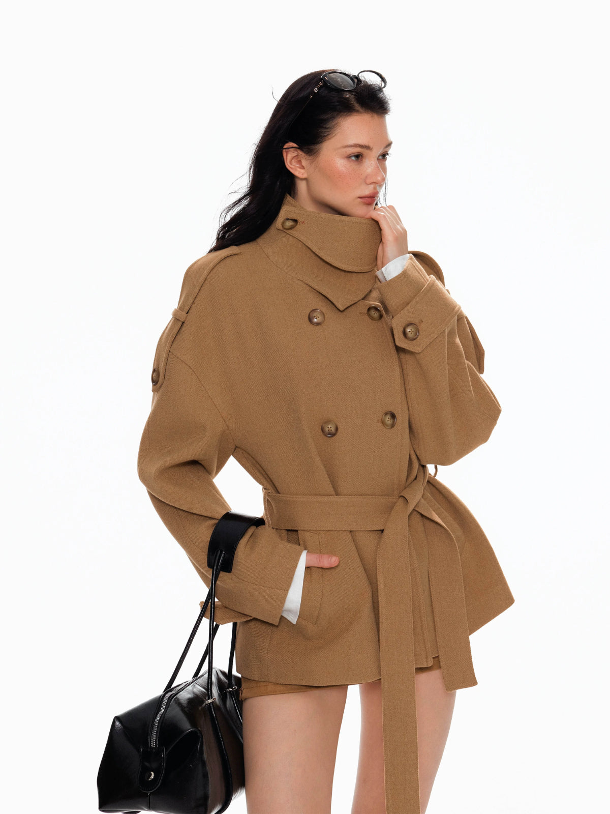 Wool Double Breasted Belted Short Coat