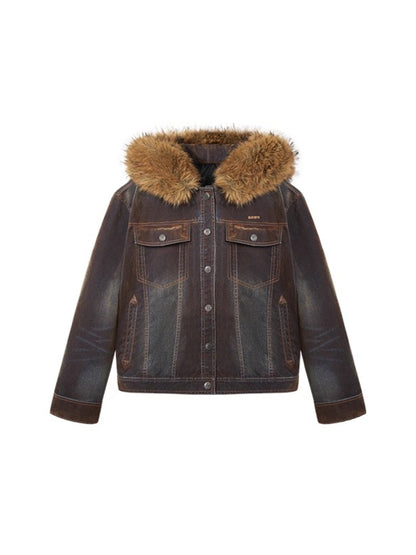 Ross Oversized Washed Eco Fox Fur Collar Denim Jacket