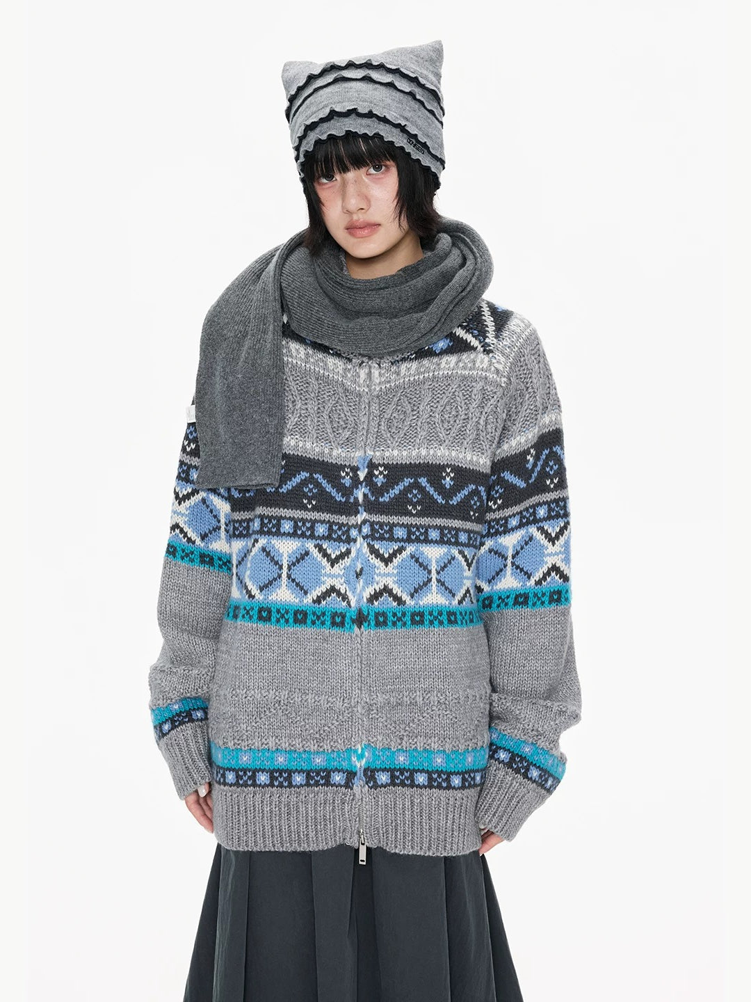 Contrast Stand Collar Knit Cardigan