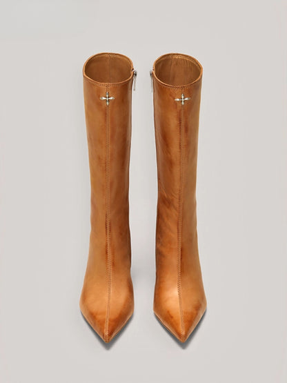 Compass Badge Sword Leather High Heel Boots Patina Wild Horse Brown Patina