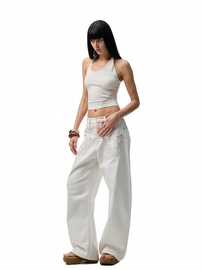 Slanted U-Neck Knot Embroidery Vest
