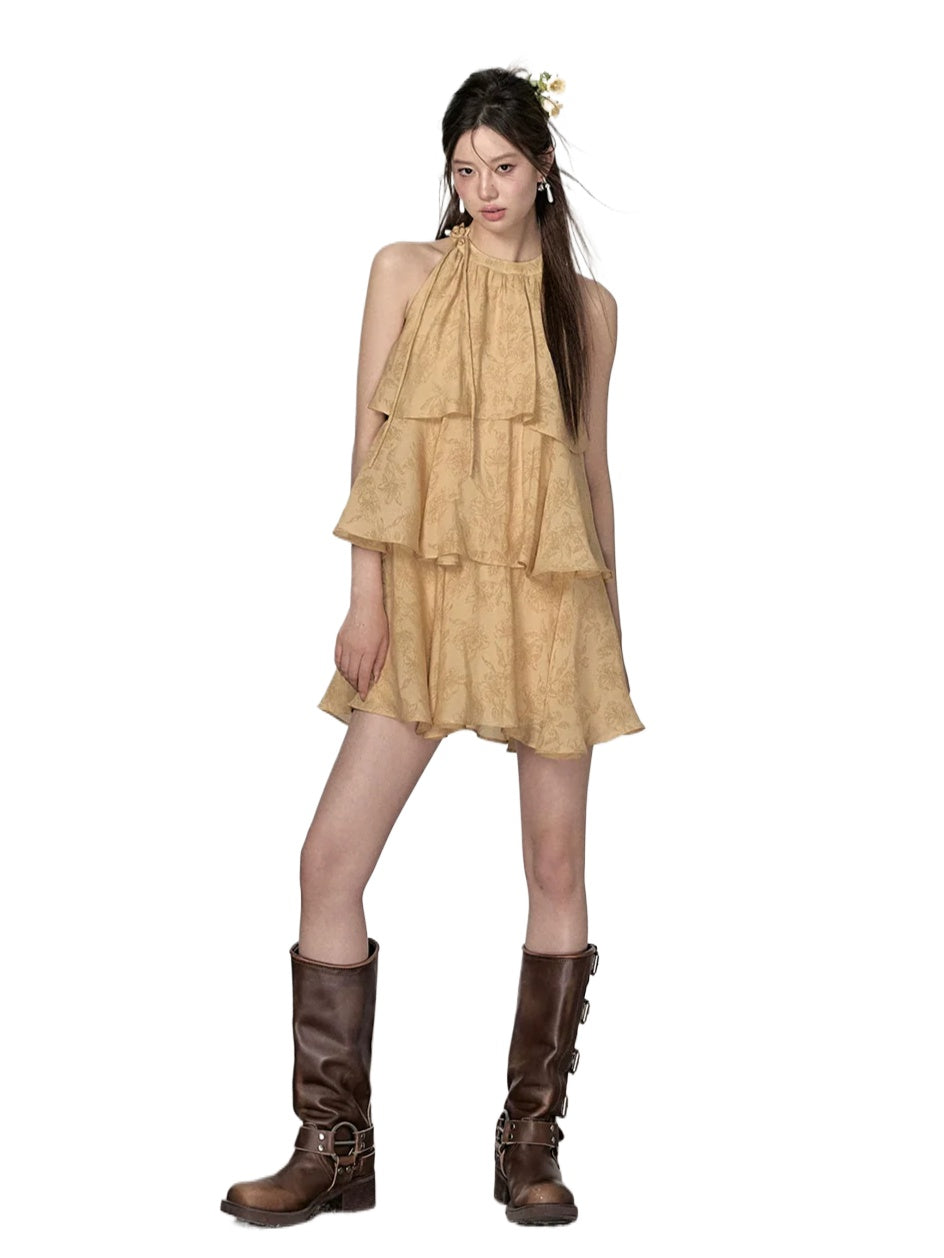 Mustard Yellow Halter Floral Dress