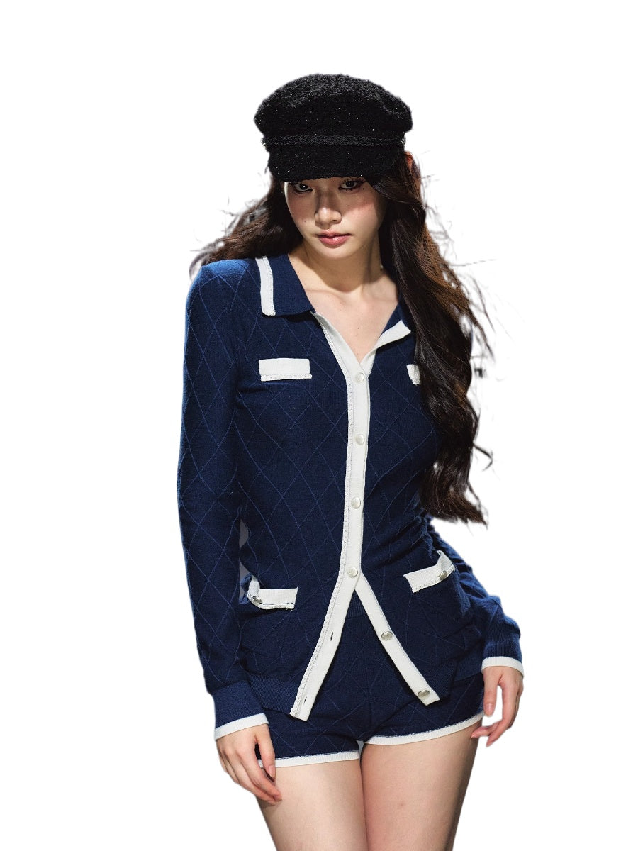 Tweed-Style Diamond Knit Cardigan & Shorts Set