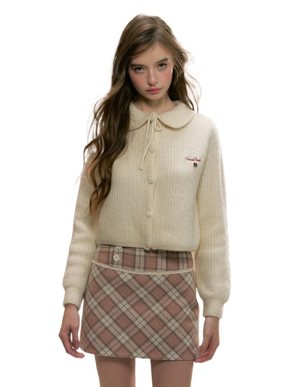 Gray &amp; Beige Doll Collar Knitted Cardigan