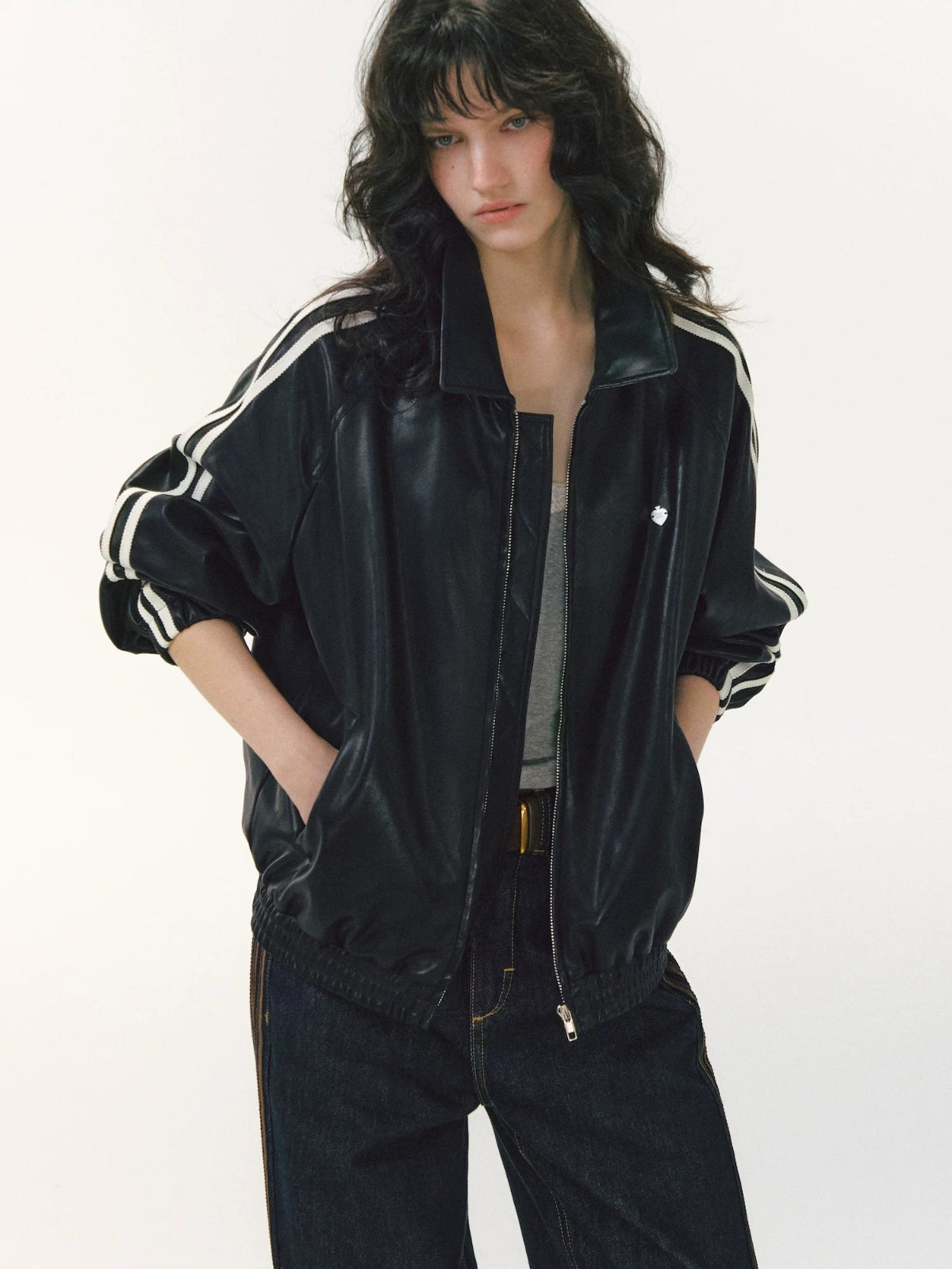 Ribbon Lapel PU Leather Jacket