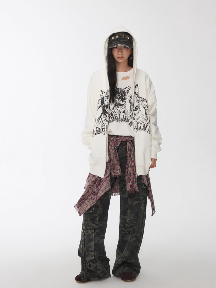 Cat Graphic Double-Zip Convertible Hoodie Jacket