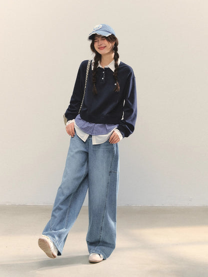 Navy Blue Plaid-Patchwork Polo Sweatshirt