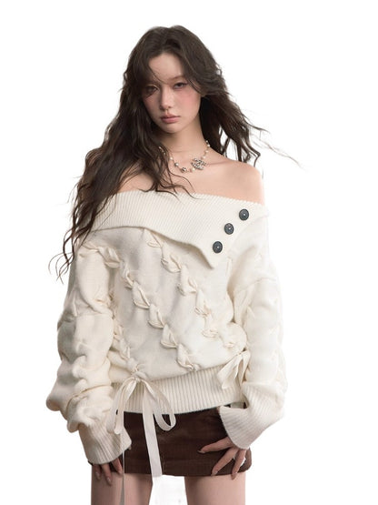White Off-Shoulder Cross-knit Strap Sweater