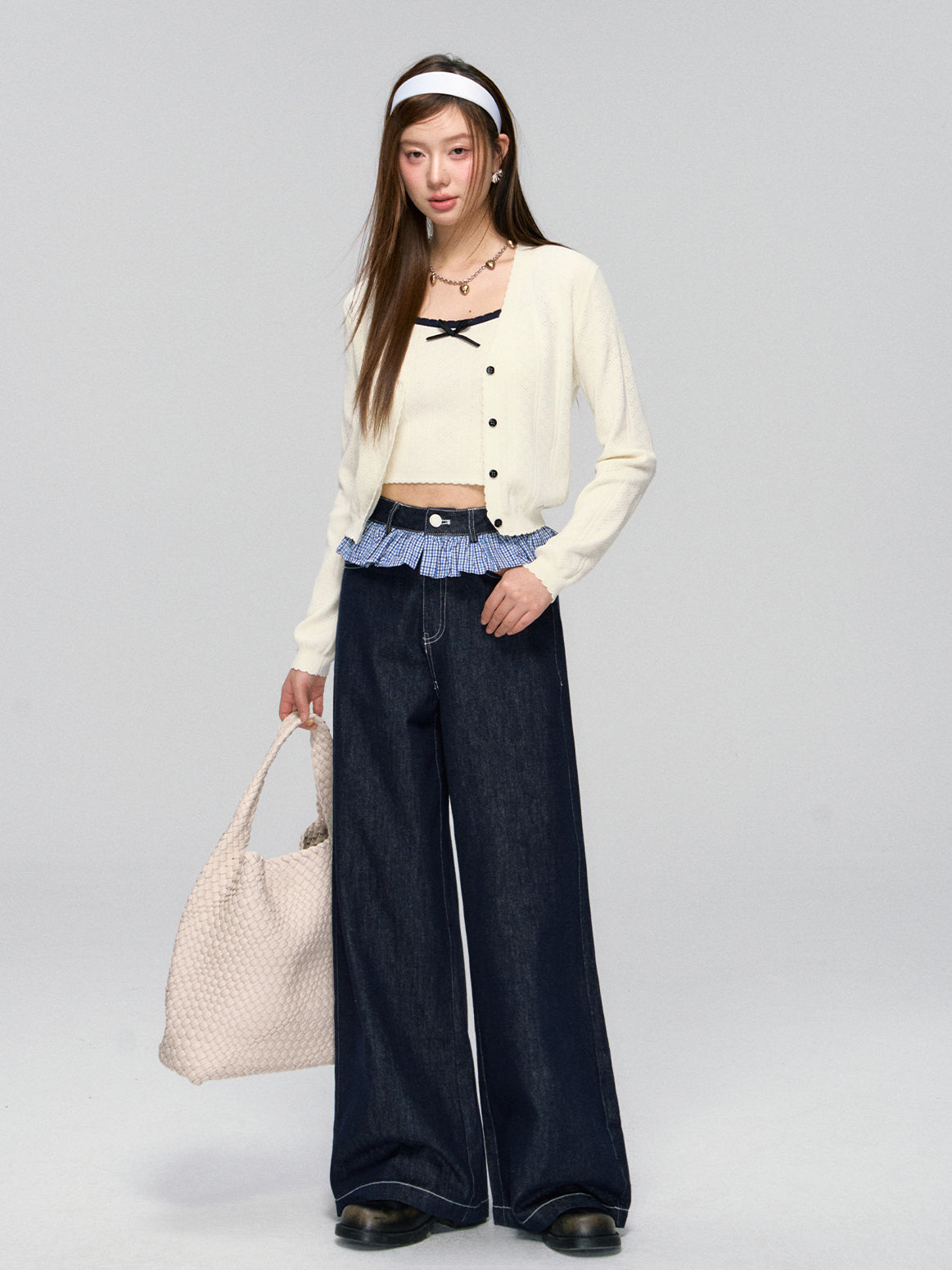 Ruffled Plaid Patchwork Straight Jeans