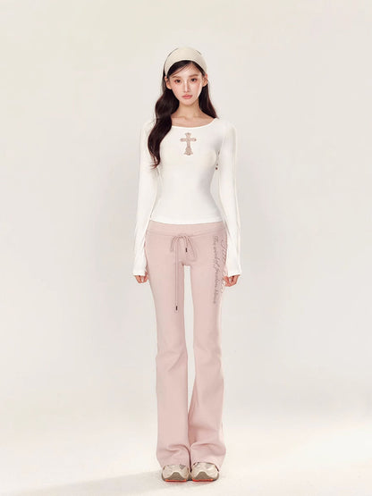 Embroidery Hollow Cross Long Sleeve Top